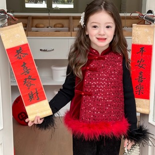 新年服女童洋气红色喜庆新中式摄影儿童装盘扣马甲裙中国风旗袍裙