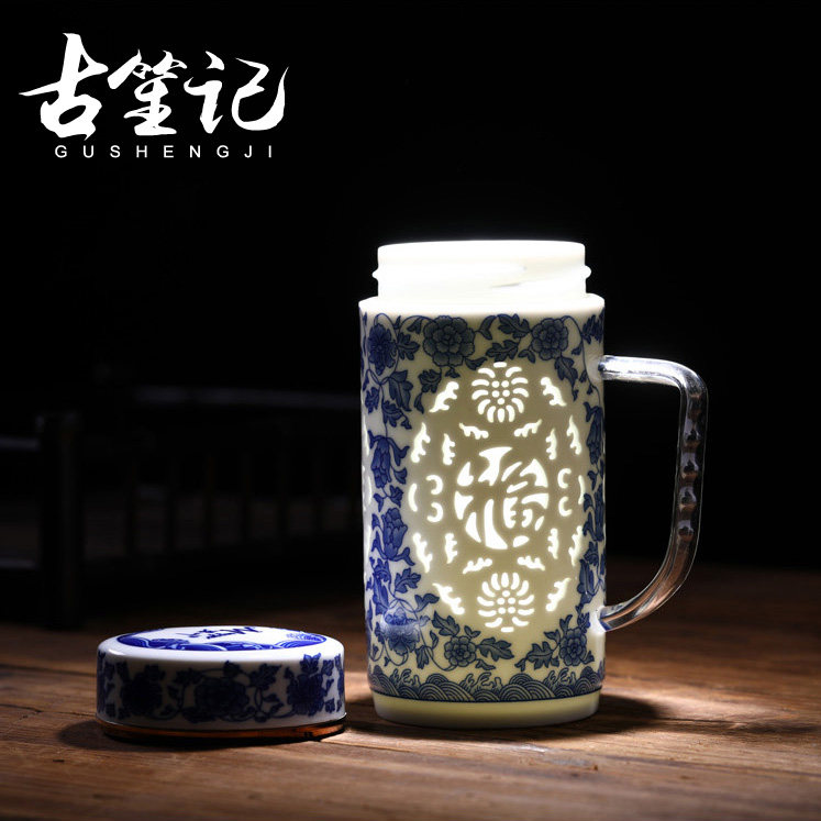 景德镇陶瓷保温杯釉下彩青花镂空办公杯老版杯个人杯泡茶杯礼品杯