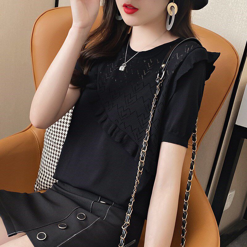 镂空女2020夏季新款韩版修身冰丝薄款短袖T恤洋气上衣针织衫时尚|msdalam kategori Butik wanita / wanita, sweater bulu - dari Buy2taobao.com untuk memberikan perkhidmatan ejen Taobao profesional membeli