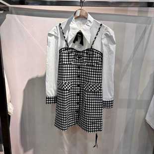 24秋款 小格纹绑带假两件套A字高腰连衣裙5050