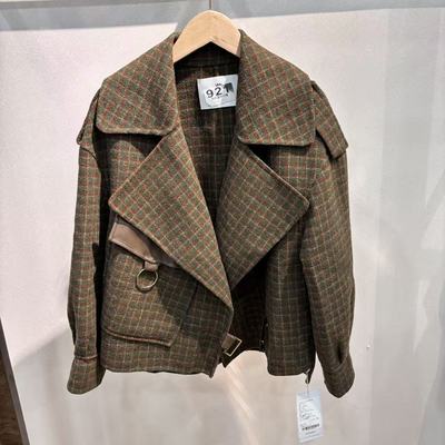 A系列秋冬款拼PU皮双面羊绒短款机车外套6056