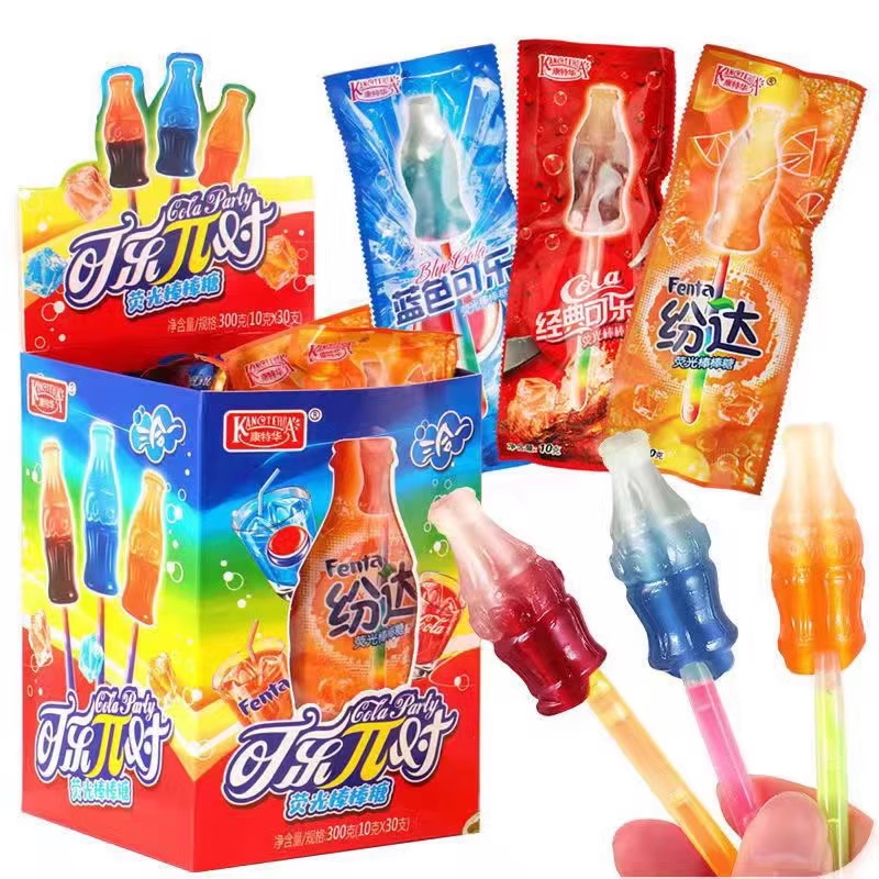 贵福记可乐荧光棒棒糖网红爆款儿童糖果盒装休闲小零食水果味硬糖