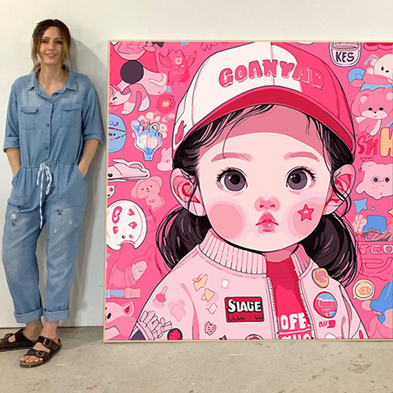 卡通多巴胺女孩数字油画手绘diy填充治愈系油彩丙烯画装饰画卧室图片
