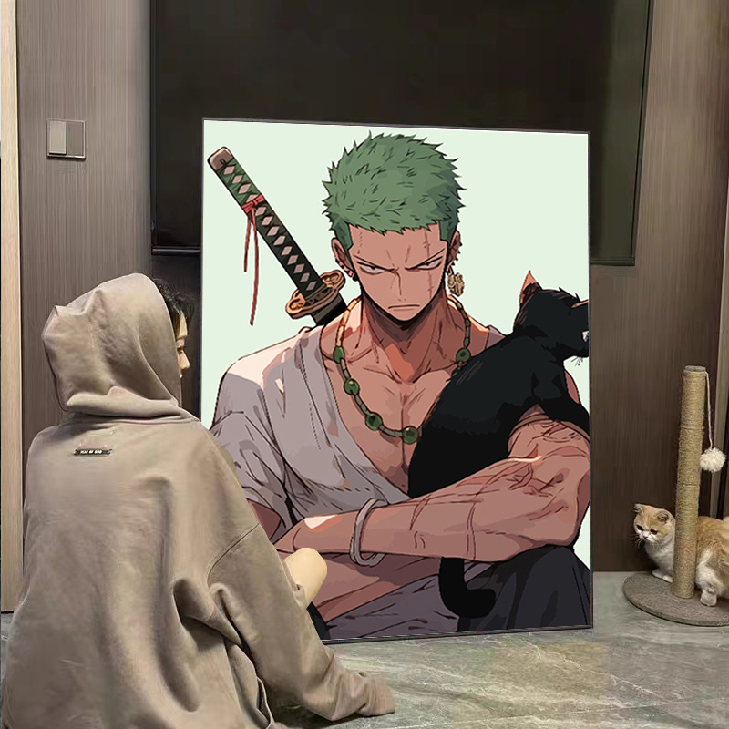 海贼王索隆和猫数字油画diy油彩画手工填充卡通丙烯画卧室装饰画
