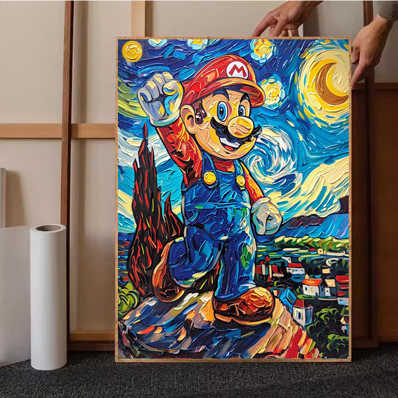 梵高马里奥数字油画diy填充治愈系卡通动漫油画客厅装饰画大尺寸图片