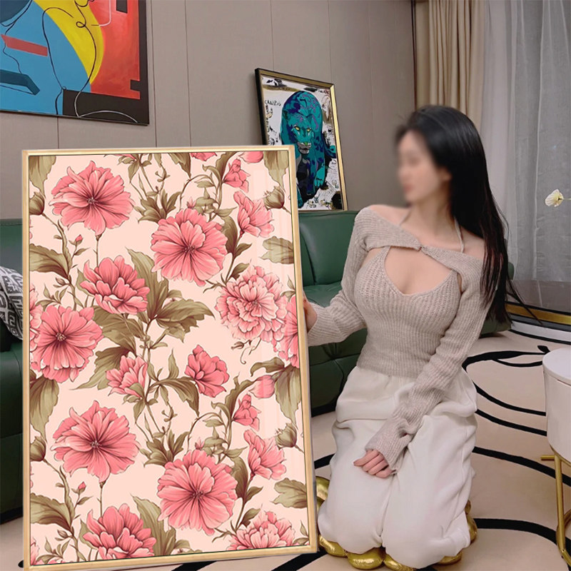 北欧ins风钻石画满钻带框粉白花海治愈系列点贴钻十字绣手工diy绣