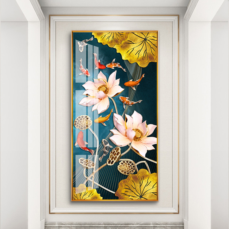 钻石画满钻2023新款客厅简约竖版玄关荷花九鱼图贴钻十字绣砖石绣