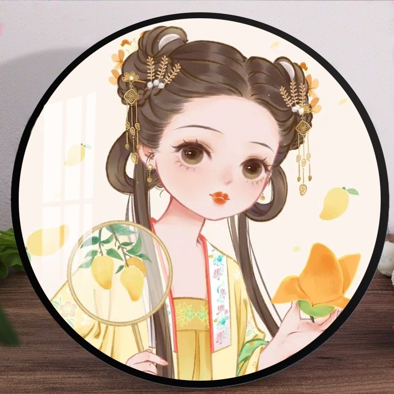 圆形钻石画满钻芒果女孩客厅小件国潮十字绣2023新款手工粘带框5d