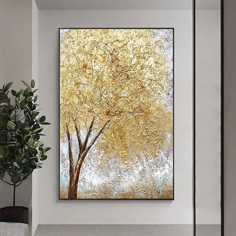 大芬村纯手绘油画抽象金黄金发财树客厅装饰画玄关走廊过道