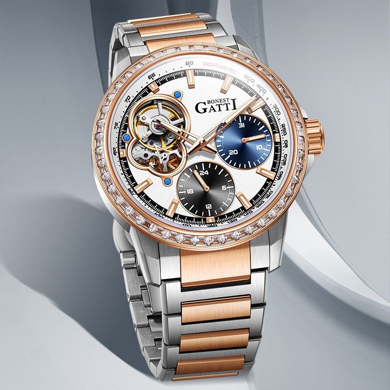 BONEST GATTI布加迪全自动机械日历手表男士镶钻霸气夜光防水