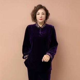 阔太太春秋时尚洋气丝绒套装重工刺绣T恤衫长袖妈妈装两件套上衣