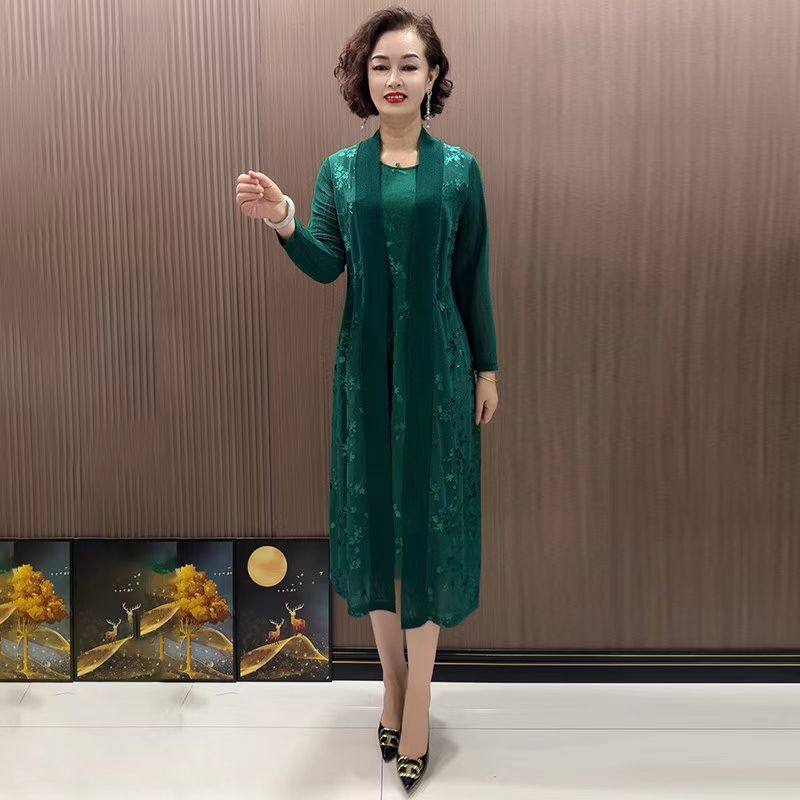 高端大气妈妈套装两件套连衣裙夏季新款长袖开衫背心裙宽松遮肚裙