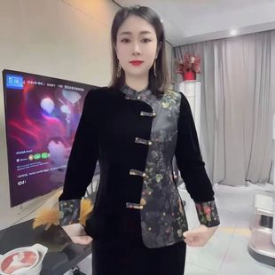 国风秋冬小衫女短款长袖丝绒衬衫气质拼接盘扣旗袍开衫外套妈妈装