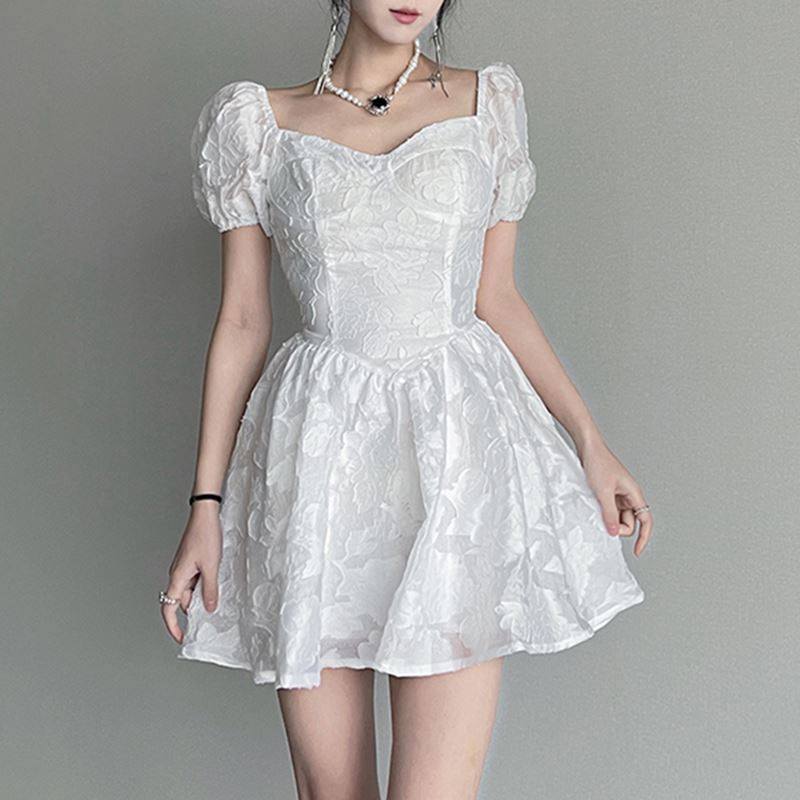 iuae洋气提花泡泡袖公主a字裙女束腰显瘦方领小个子蓬蓬仙女裙