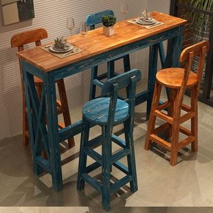 实木吧台桌椅组合咖啡桌阳台靠墙高脚桌窄条桌复古餐桌家用小吧台