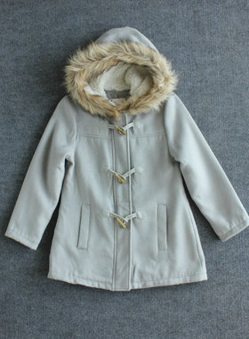 【7-16岁】女中大童 牛角扣呢子连帽毛领羊羔毛内里风衣外套