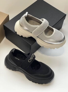 高定~夏季新品飞织牛皮网面透气魔术贴厚底休闲运动玛丽珍鞋女