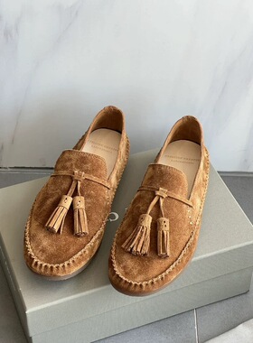 法式复古流苏豆豆鞋女真皮绒面圆头软底一脚蹬懒人乐福鞋