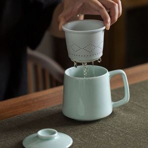 日式陶瓷杯带把带盖过滤水杯家用三件套装青瓷办公室茶杯定制礼品