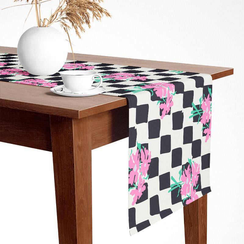 棋盘花设计 棋盘格花朵图案餐桌布布艺电视柜茶几茶台拍照用桌旗