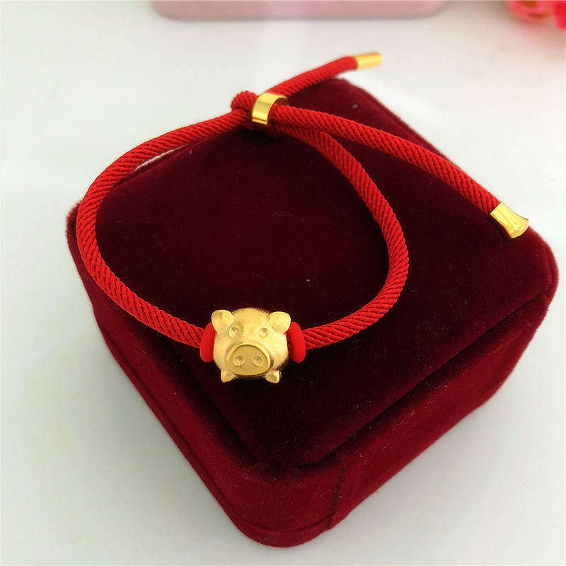 2019生肖猪年镀金仿沙金3d小猪手链 转运本命年红绳手链男女手编