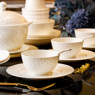 景德镇骨瓷餐具高档乔迁新居纯白碗盘组合釉下彩碗碟套装 家用轻奢