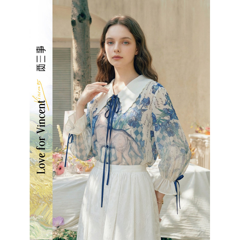 【呼呼严选】两三事梵高文艺朽梦花枝波浪边大翻领绑带印花衬衫