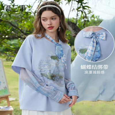 两三事柔光缱绻油画印花绑带袖假两件t恤