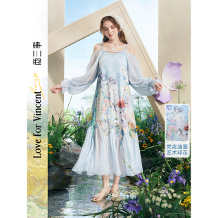 两三事梵高文艺晴川花隐吊带露肩两穿连衣裙