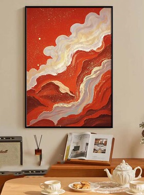 宋代美学红色系抽象新中式山峦油画感国潮客厅装饰画入户玄关挂画