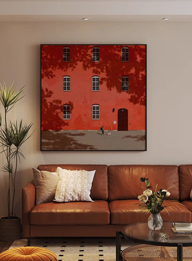 现代轻奢红色建筑复古风小众卧室客厅玄关装饰画背景墙壁方型挂画