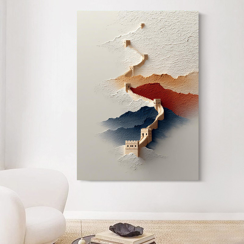 万里长城靠山图客厅装饰画新中式水墨晕染壁画玄关肌理感山峦挂画图片