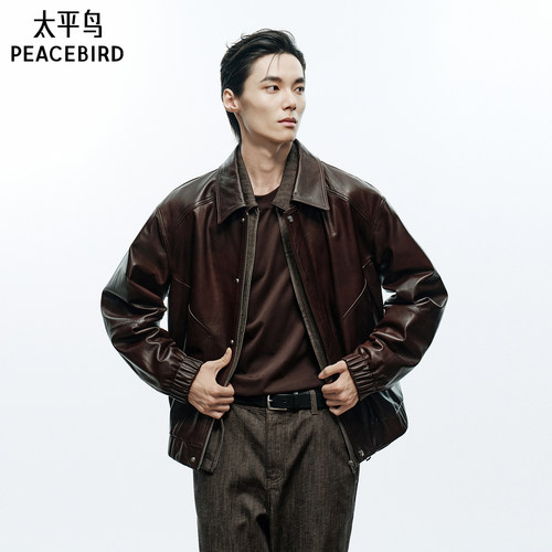 【商场同款】太平鸟男装 潮流复古油蜡羊皮真皮夹克皮衣B1BDG4F02