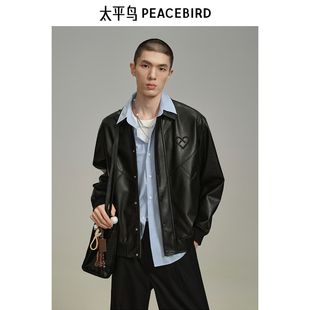 太平鸟男装PU皮夹克翻领刺绣休闲外套B2BCF1102