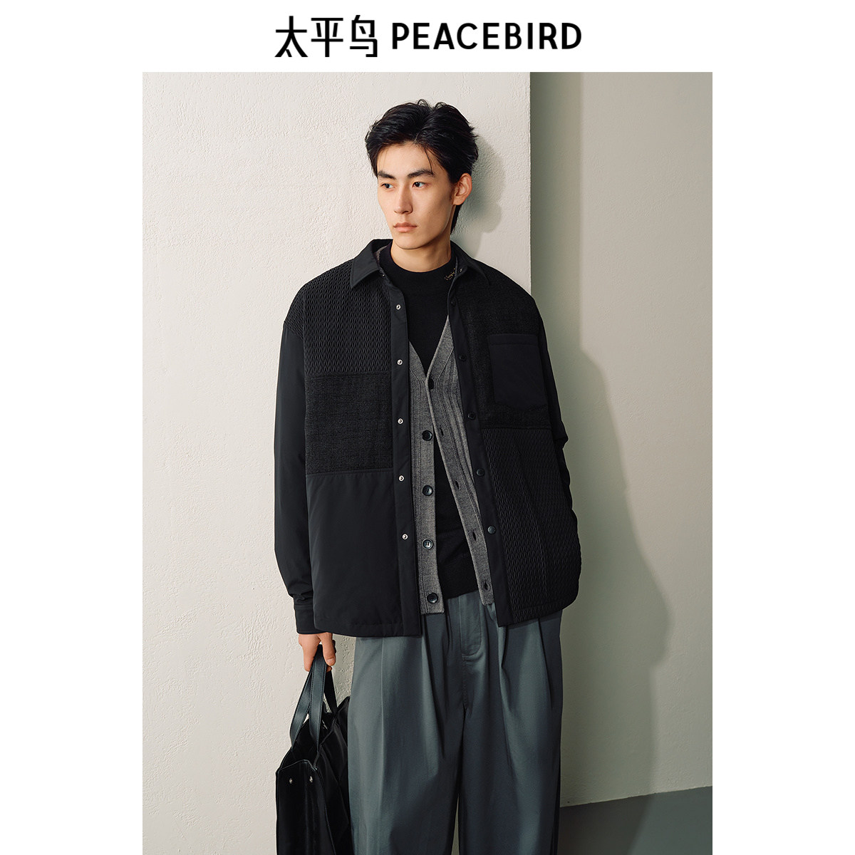 太平鸟男装新中式轻薄羽绒服男冬季新款黑色衬衫保暖外套