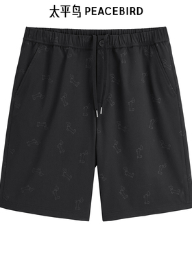 太平鸟男装 黑色老花松紧腰抽绳休闲短裤男B1GCE37