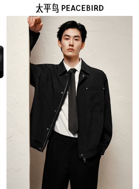 太平鸟男装pu皮拼接夹克2025春翻领行政茄克时尚宽松休闲外套