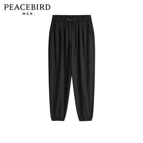 太平鸟男装 黑色束脚裤男抽绳卫裤运动长裤B1GME1338