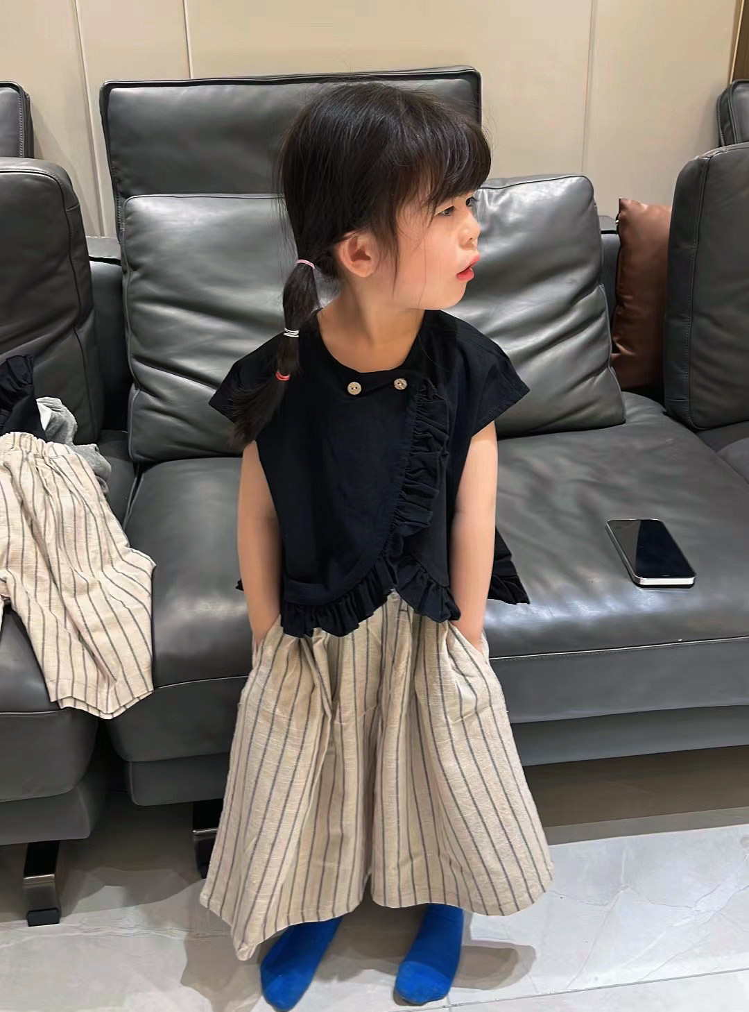 幼儿圈女童套装夏季荷叶边上衣无袖洋气儿童女阔腿裤条纹裤子潮流