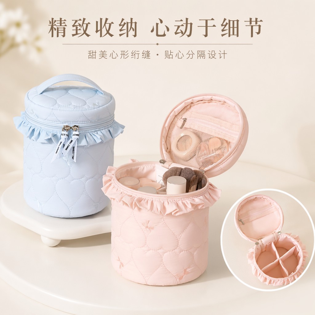新款心迹圆桶分仓收纳包绗缝糖果色化妆包大容量多分格化妆包