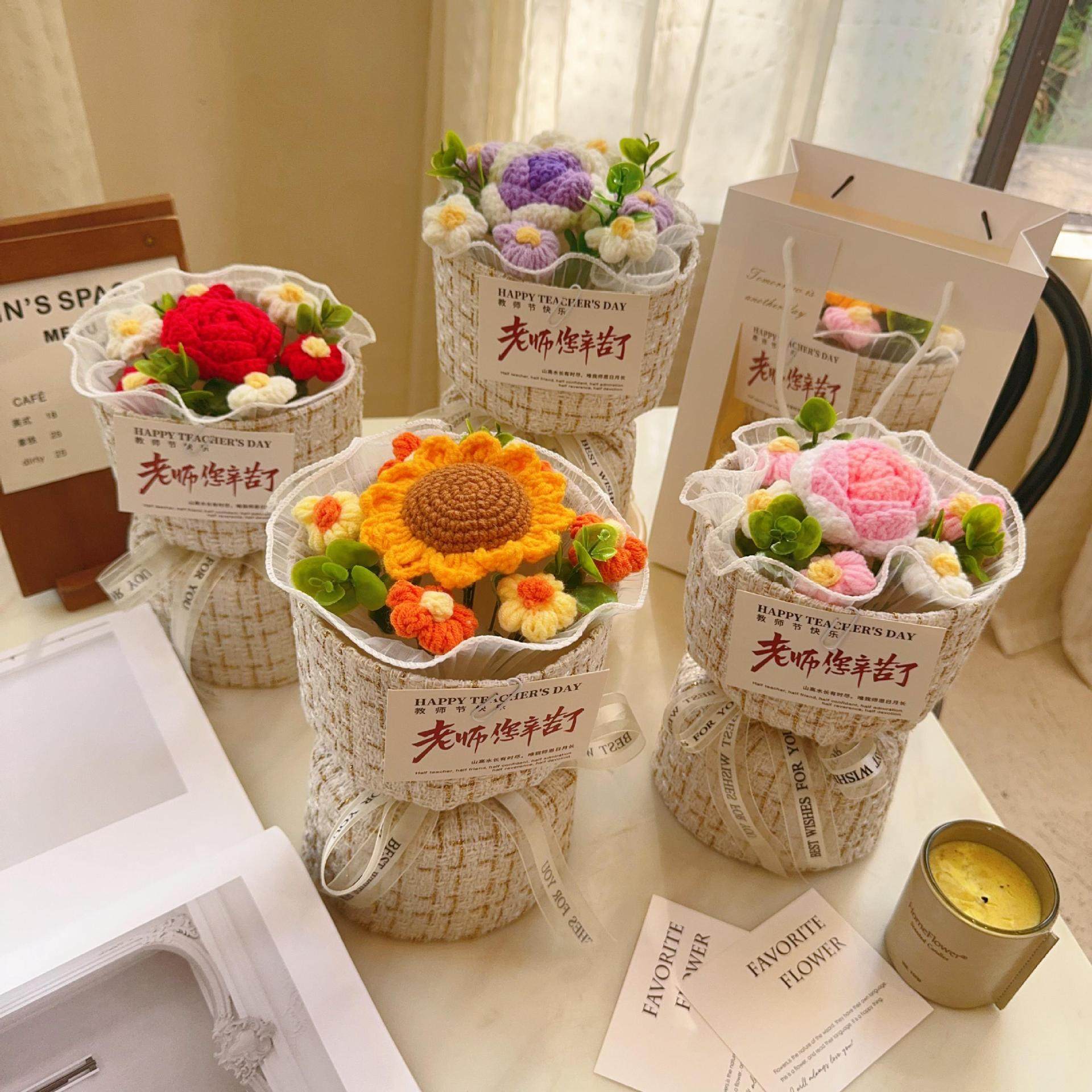 教师节礼物创意小香风手工针织玫瑰毛线花束送老师的花束生日礼物,家居饰品,餐桌花艺,淘宝优惠券,粉丝福利购,淘宝优惠卷
