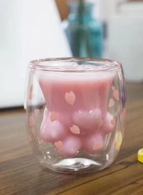 手工网红粉色猫爪杯紫色猫爪杯高硼硅少女心猫爪杯双层杯果汁杯子