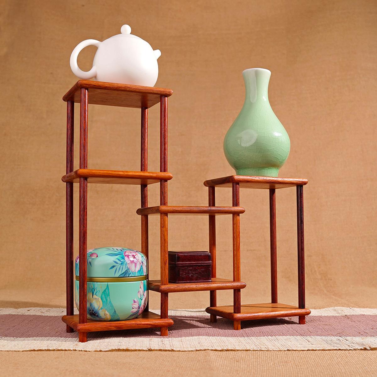 缅甸花梨木多层收纳架杯架茶杯展示架茶具架子实木复古多宝阁中式
