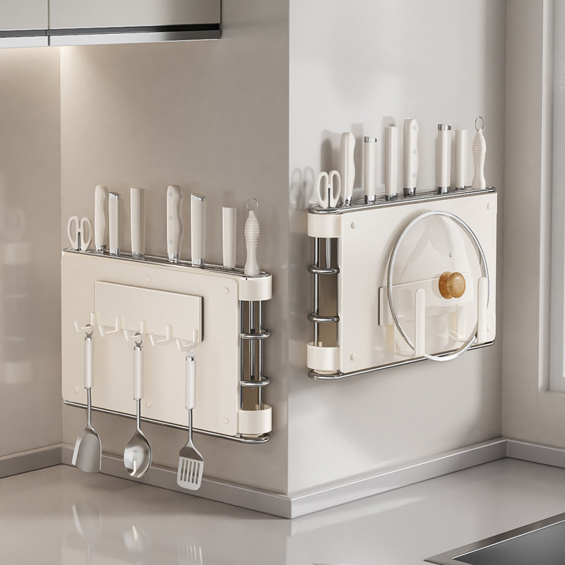 厨房壁挂式刀架磁吸置物架菜板刀具多功能一体免打孔沥水收纳架子