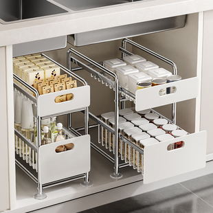 厨房抽拉式 置物架碗碟收纳橱柜内分层架下水槽多功能神器抽屉拉篮
