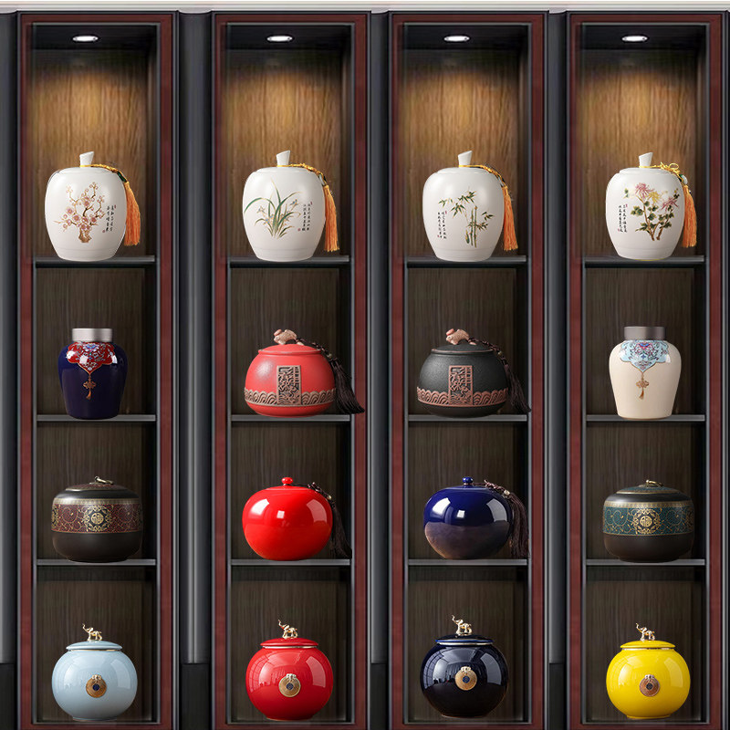 新中式样板房酒店茶室展示架国风茶道摆件大号陶瓷茶叶罐茶具摆设,家居饰品,装饰摆件,淘宝优惠券,粉丝福利购,淘宝优惠卷