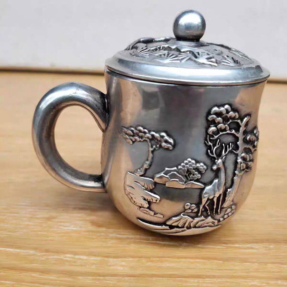纯铜茶杯 仿古梅花鹿茶杯包浆润泽家居茶道工艺品摆件