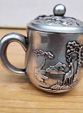 纯铜茶杯 仿古梅花鹿茶杯包浆润泽家居茶道工艺品摆件