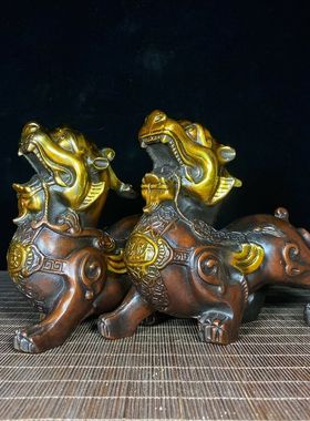 复古纯铜鎏金老式铜器貔貅一对客厅麒麟风水铜摆件家居装饰工艺品