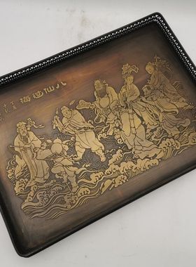 大号珍藏民国六年制八仙过海黄铜茶盘老铜盘子茶室托盘铜茶托盘子